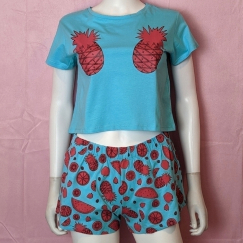 Brave Soul ASOS Blue and Pink Pineapple Print Crop Top and Shorts Pajama Set XS